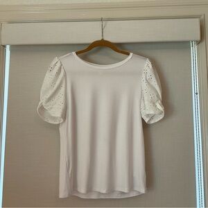 Ava James Sheer White Tee with Floral Details- Small